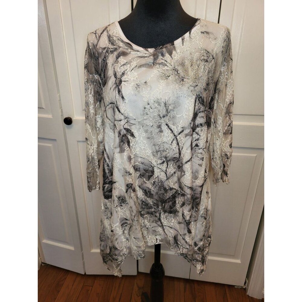 Vintage Y2K White Black Floral Lace Tunic Rhinestones L Fairy Whimsygoth Fairy